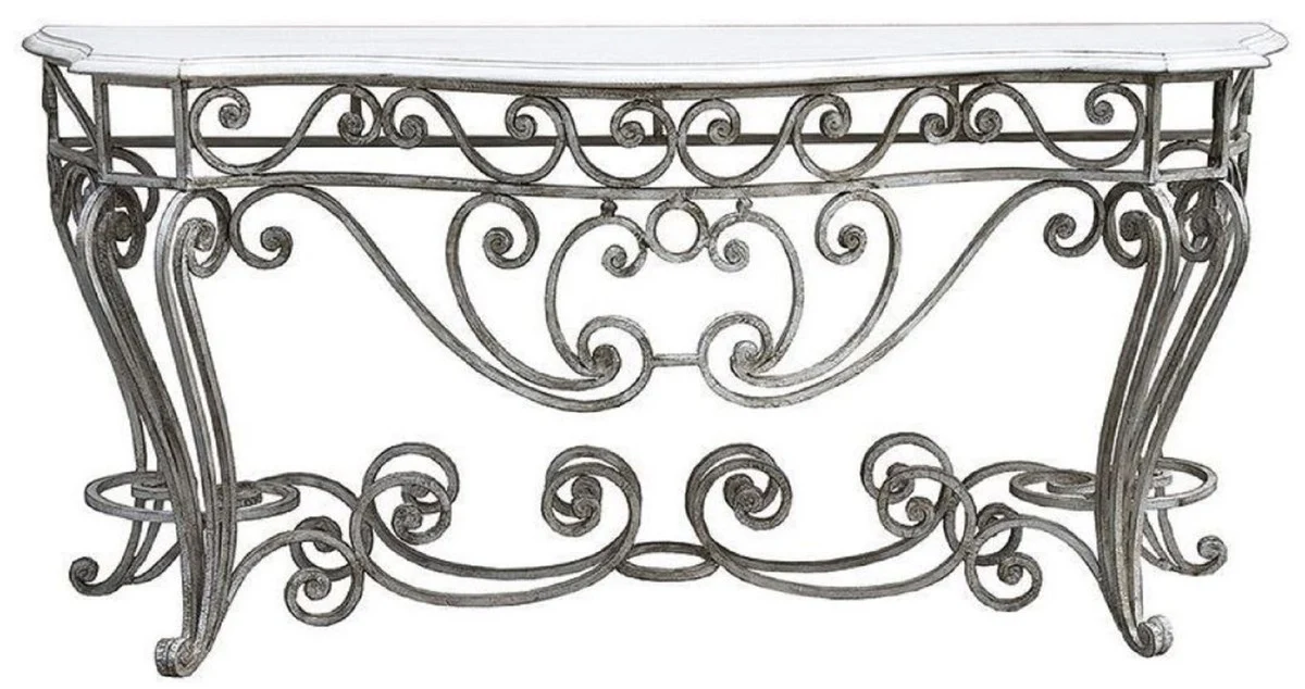Casa Padrino consola Art Nouveau de lujo plata / blanco 187 x 55 x A. 88 cm - Consola de hierro forjado hecha a mano con tablero de madera maciza - Muebles de Jardín de Patio de Sala de Estar