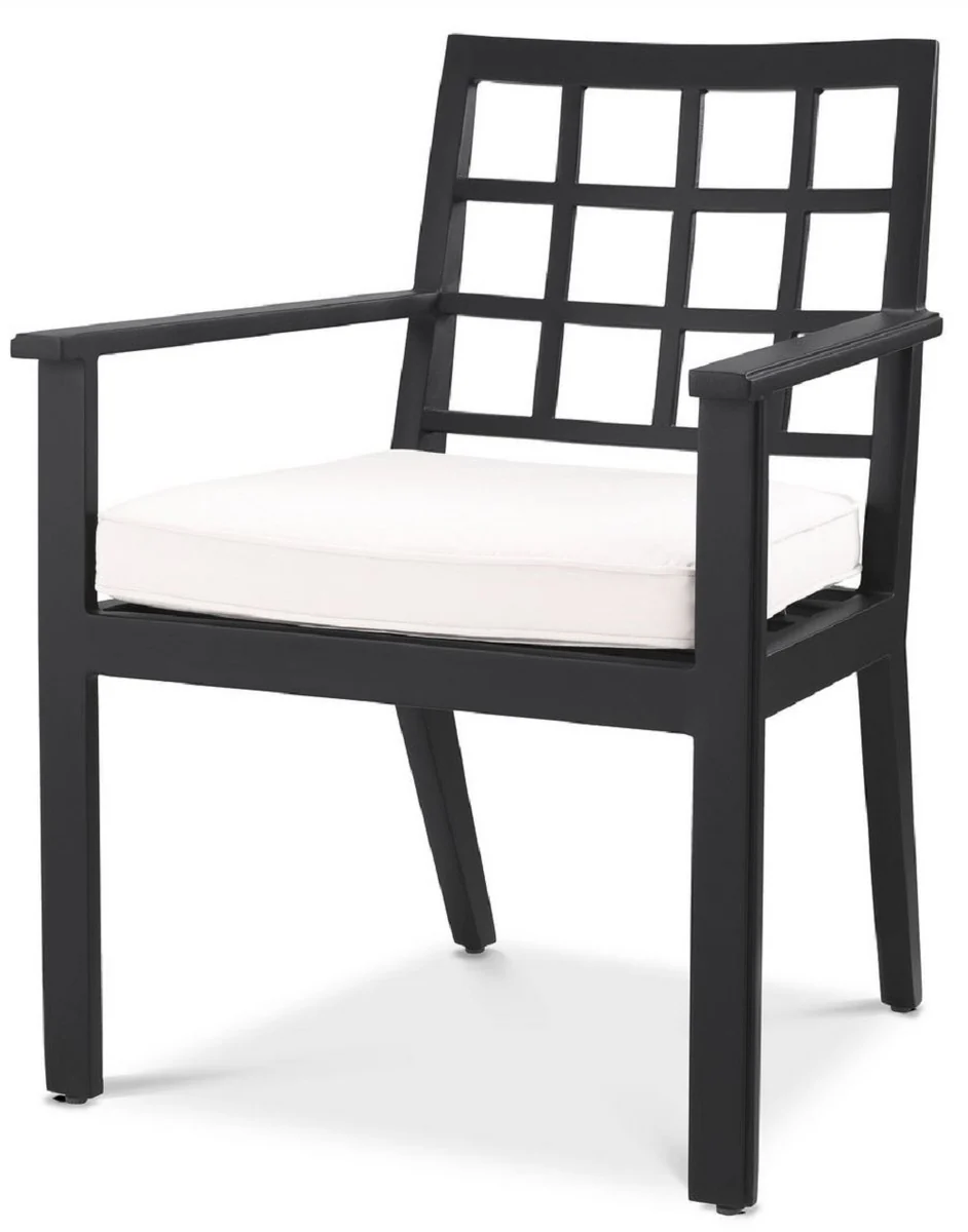 Casa Padrino silla de comedor de lujo con reposabrazos negro / blanco 64,5 x 65 x A. 88,5 cm - Silla de aluminio resistente a la intemperie con cojín de asiento - Silla de Jardín de Terraza