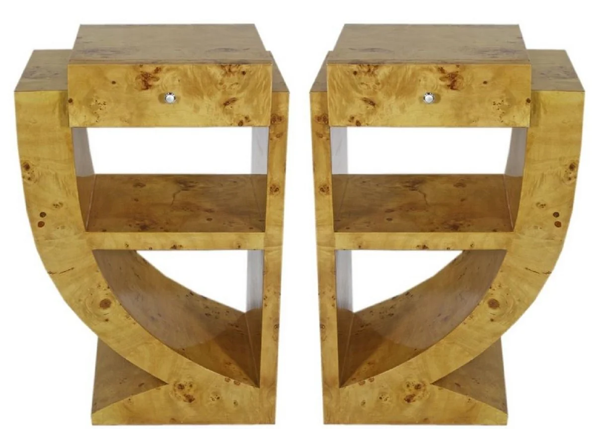 Casa Padrino Conjunto de Mesa Auxiliar Art D¨¦co Marr¨®n Claro 50 x 40 x H. 75 cm - Mesas Auxiliares de Madera Burl con Caj¨®n - Mesitas de Noche - Calidad de Lujo