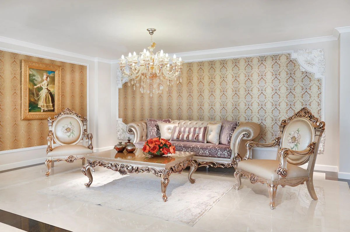 Casa Padrino mesa de centro barroco de lujo beige / cobre 133 x 92 x A. 45 cm - Magn¨ªfica mesa de sal¨®n de madera maciza con elegantes decoraciones - Muebles de sal¨®n barrocos