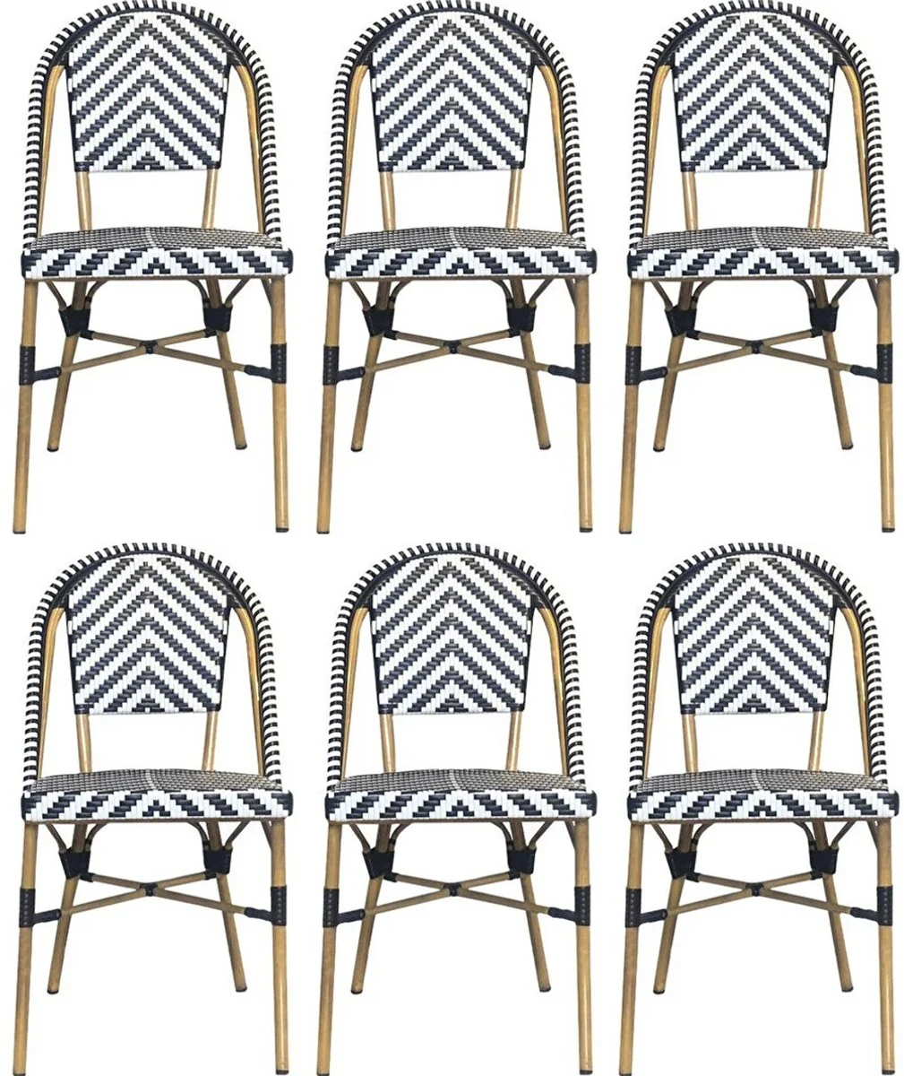 Casa Padrino conjunto de 6 sillas de comedor de lujo blanco / negro / beige 49 x 46 x A. 91 cm - Sillas de jard¨ªn de rat¨¢n - Muebles de comedor - Muebles de jard¨ªn - Muebles de lujo