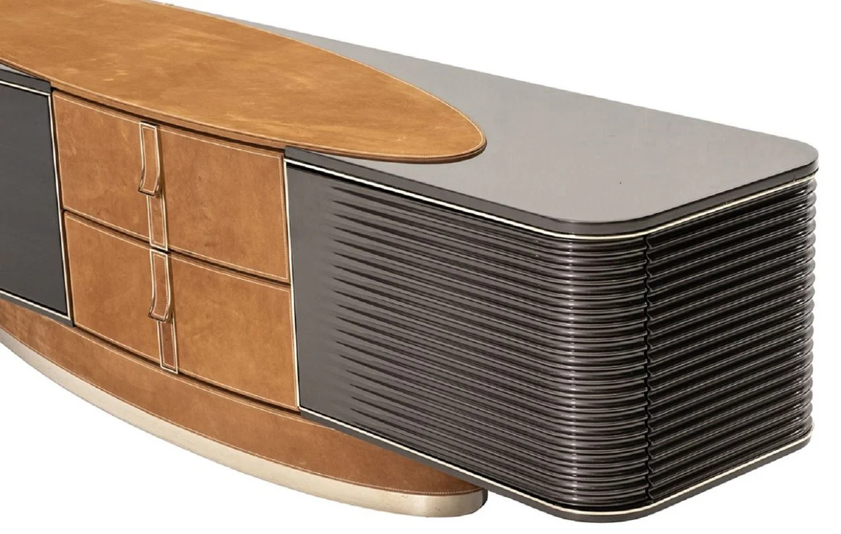 Casa Padrino gabinete de TV de lujo marr¨®n claro / marr¨®n oscuro / gris / oro 249 x 52,5 x A. 56 cm - Aparador de madera maciza con 3 puertas y 2 cajones - Muebles de sal¨®n - Muebles de lujo