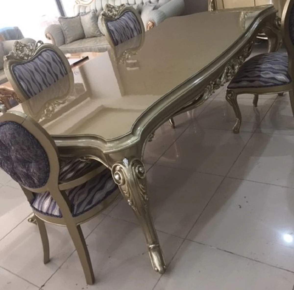 Casa Padrino conjunto de comedor barroco de lujo azul / oro / plata - 1 Mesa de Comedor Barroco y 6 Sillas de Comedor Barrocos - Muebles de comedor de lujo estilo barroco