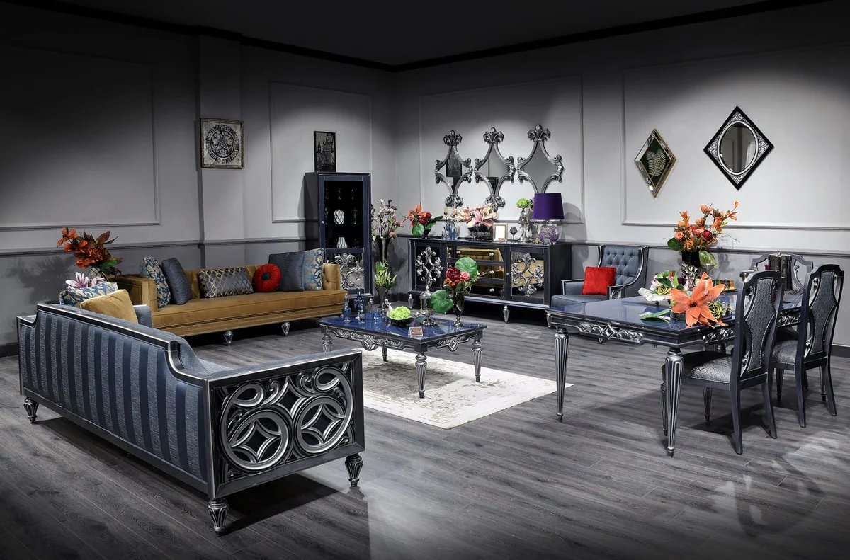 Casa Padrino conjunto de sillas de comedor barroco de lujo plata / azul 54 x 53 x A. 109 cm - Conjunto de sillas de cocina nobles de 6 - Muebles de comedor barrocos