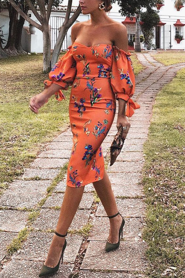 Sexy Orange Red Off Shoulder Floral Print Bodycon Dress