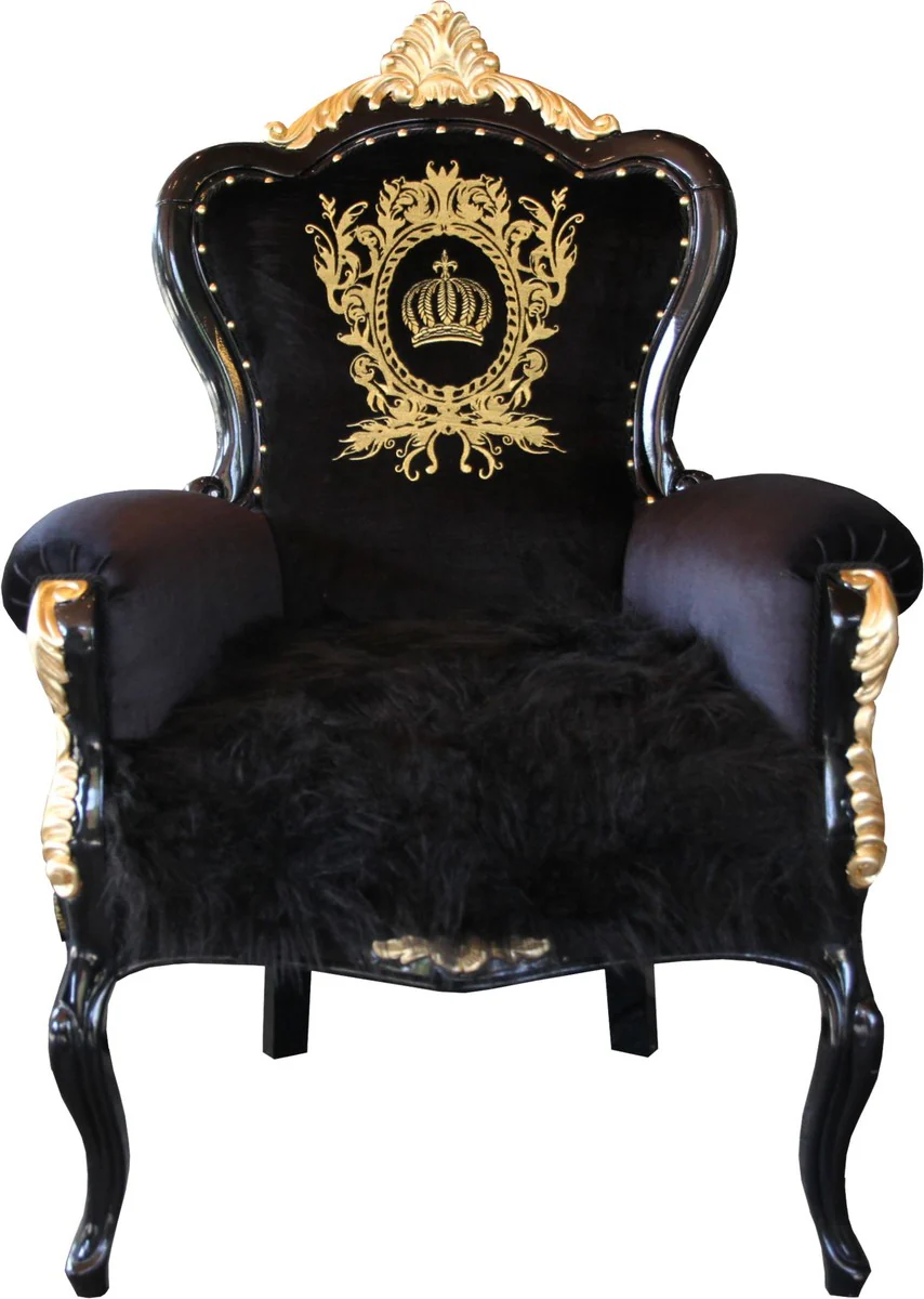 Pomp??s de Casa Padrino Sill¨®n de lujo barroco Bergere negro / dorado con corona - Pomp??ser Sill¨®n de estilo barroco dise?ado por Harald Gl??ckler