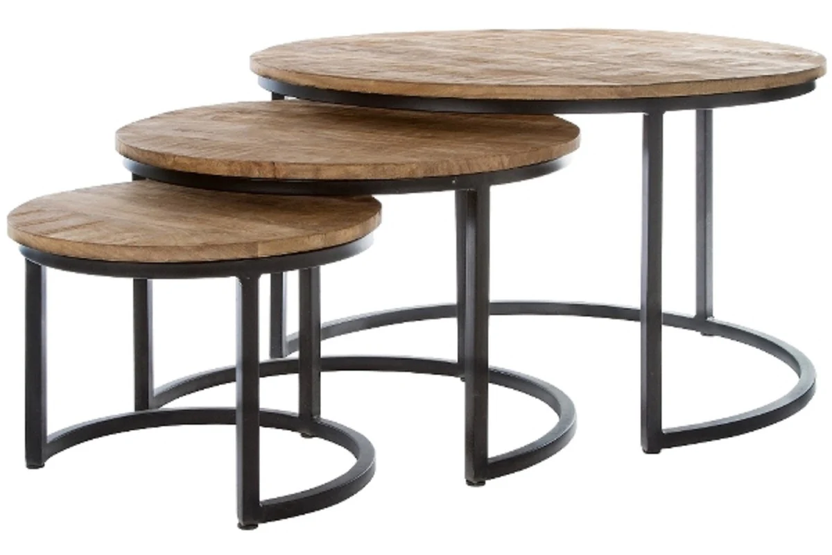 Casa Padrino conjunto de mesitas de lujo de 3 natural / negro Ø 78 x H. 48 cm - Mesitas Redondas con Base de Metal Semicircular