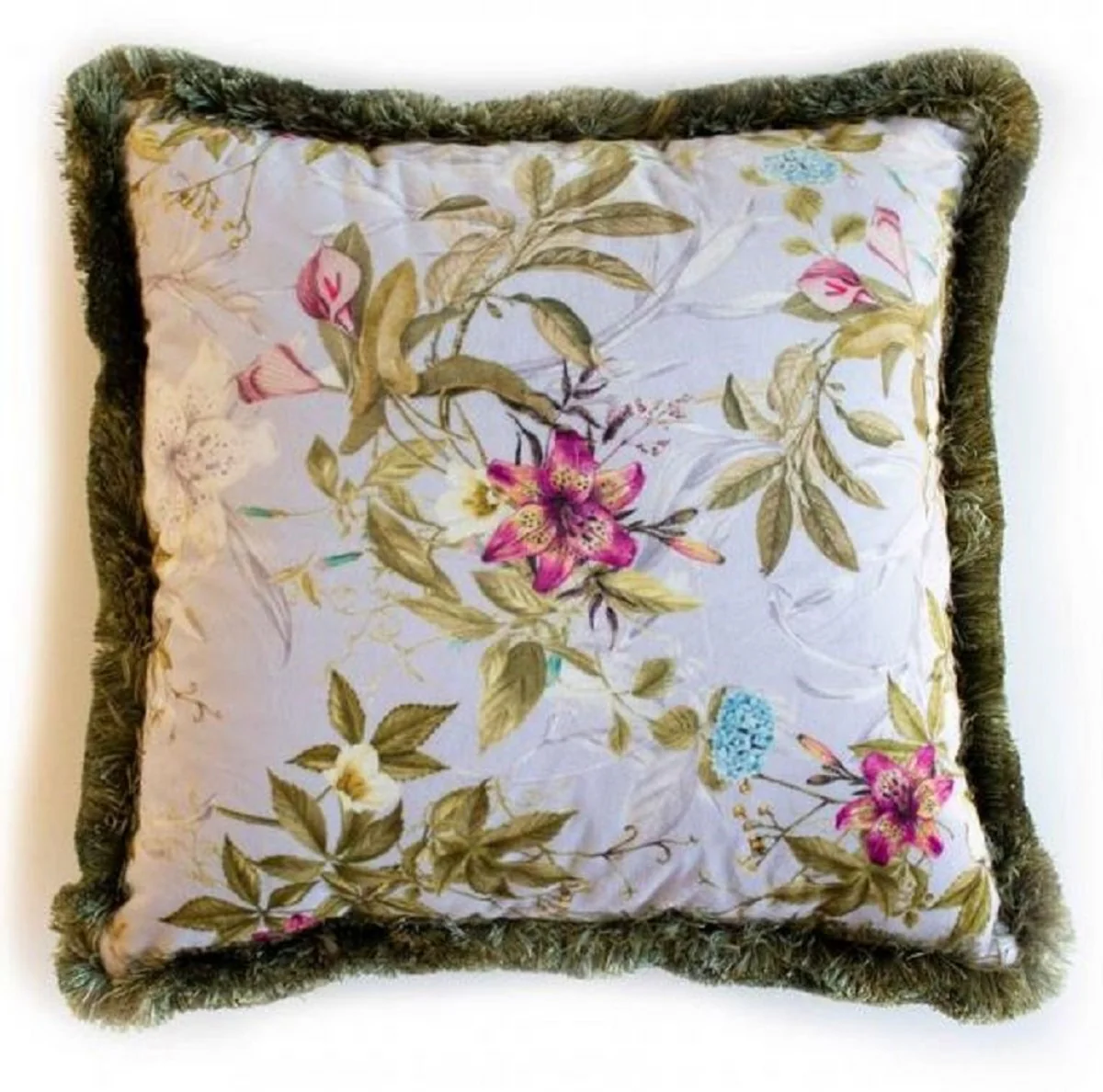 Casa Padrino almohada decorativa de lujo diseño flores gris / multicolor / verde 45 x 45 cm - Almohada de terciopelo estampada con flecos - Accesorios Decorativos