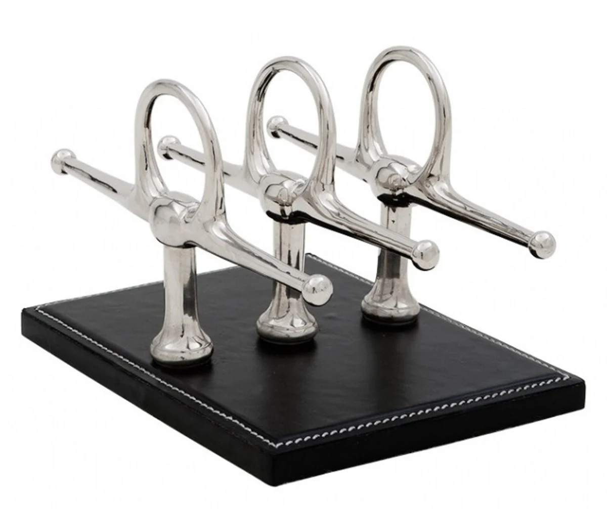 Casa Padrino luxury Letter Rack Black Leather / Nickel 4 x 8 cm x H12cm - Leather Stand letters Business - Office Accessory