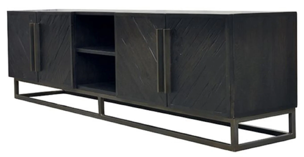 Casa Padrino gabinete de TV de madera maciza de lujo negro / latón 220 x 43 x A. 60 cm - Aparador de salón rústico de madera roble con 4 puertas - Muebles de salón rústicos madera maciza de lujo