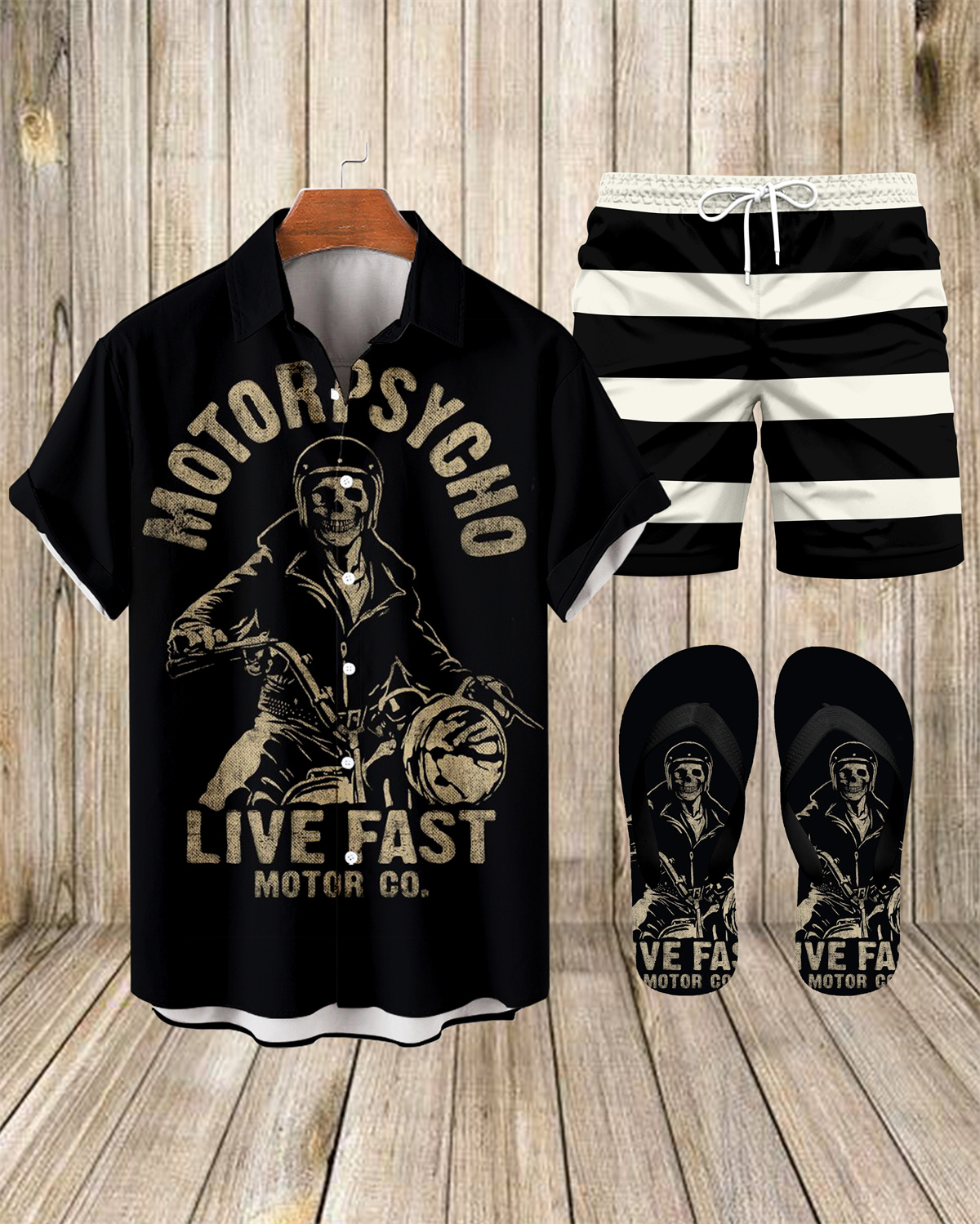 Suitmens Men's Modified Motorcycle Print Shirt Three-Piece Set 065