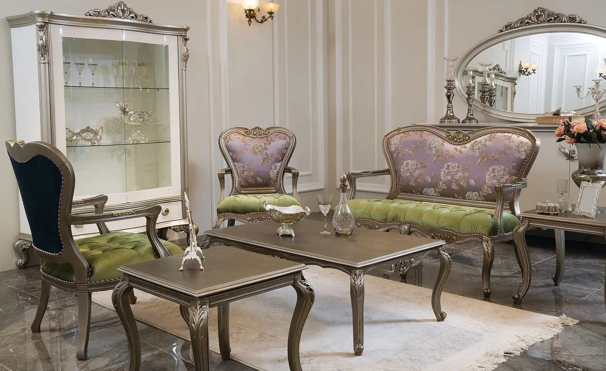 Casa Padrino banco barroco de lujo púrpura / verde / plata 125 x 60 x A. 103 cm - Banco de salón con patrón de flores - Muebles de salón barrocos - Noble y Magnífico