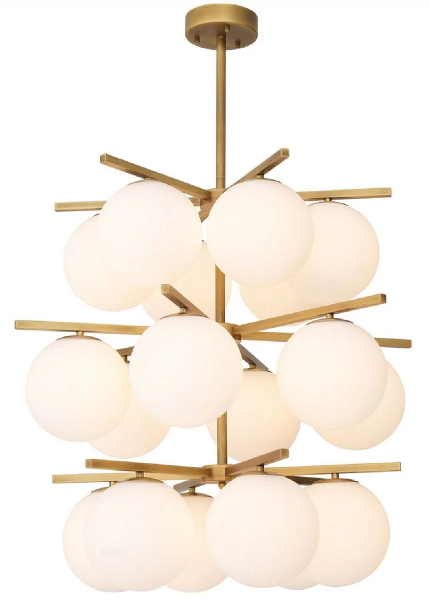 Casa Padrino lámpara de araña de lujo latón antiguo / blanco Ø 68 x A. 80 cm - Lámpara de araña moderna de metal con pantallas redondas de vidrio - Colección de Lujo