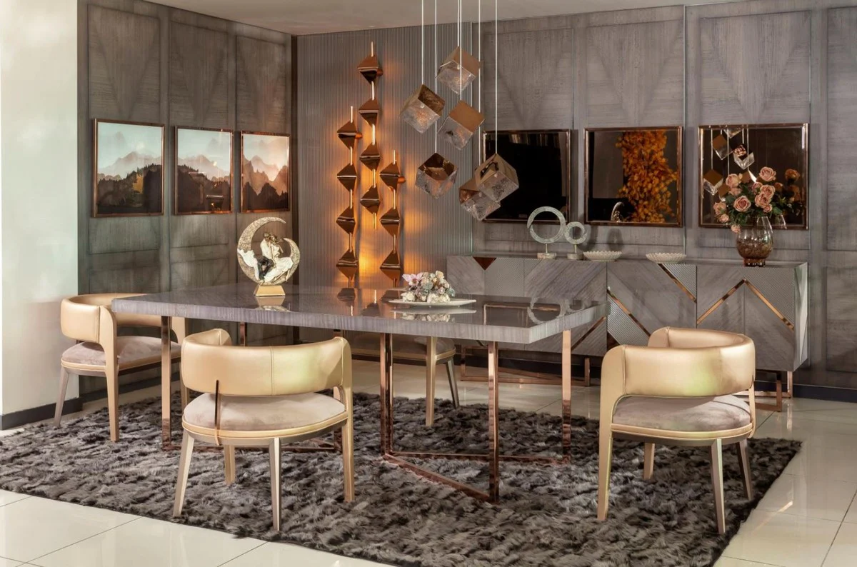 Casa Padrino mesa de comedor de lujo gris / cobre 210 x 100 x A. 75 cm - Mesa de cocina rectangular con tapa de madera maciza y patas de metal - Muebles de comedor - Muebles de lujo