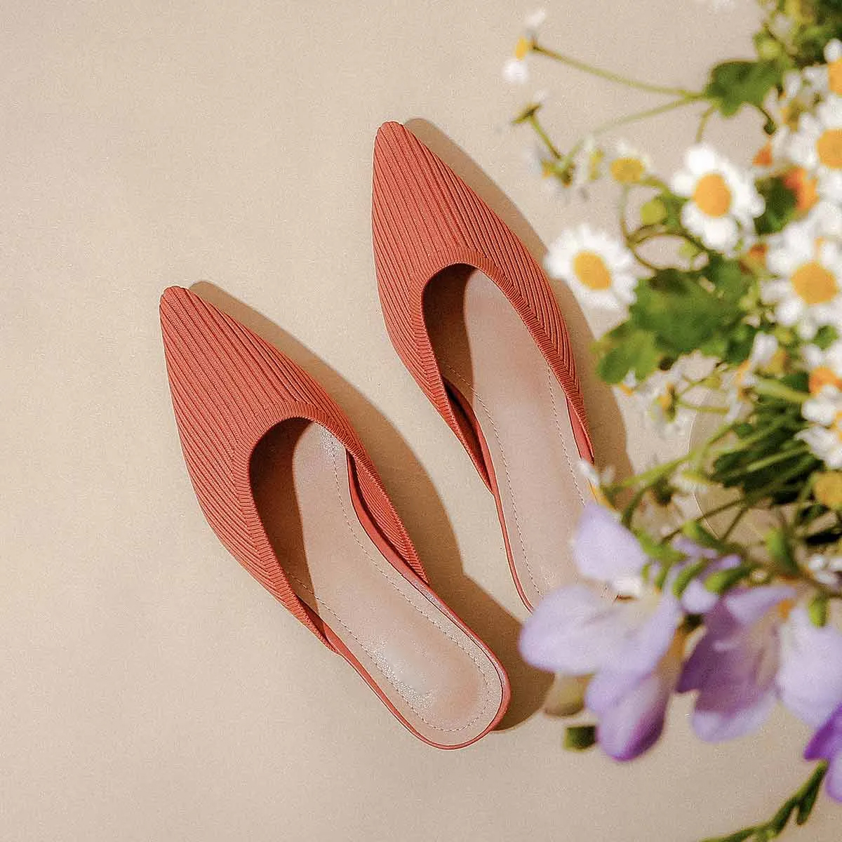 Pointed Toe Mules for Women Breathable Knit Slip-on Flat Shoes