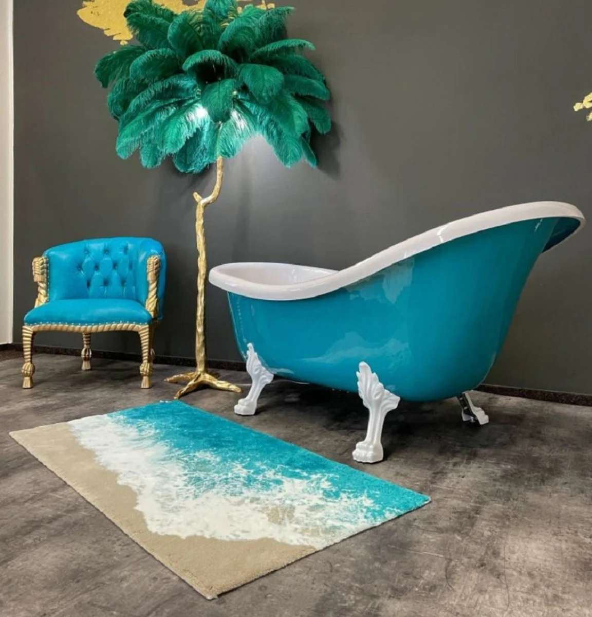 Casa Padrino bañera Art Nouveau de lujo turquesa / blanco 174 x 83 x A. 81 cm - Bañera retro independiente con pies de león - Muebles de baño retro