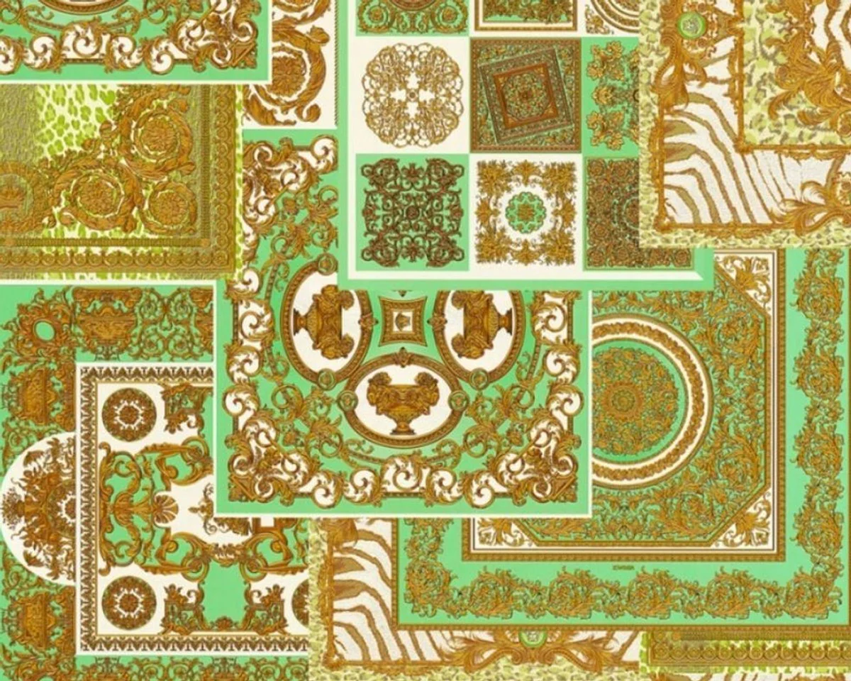 Papel Pintado no Tejido Barroco de Diseño Versace IV 37048-2 - Verde / Oro / Blanco - Papel Pintado de Diseño - Alta Calidad