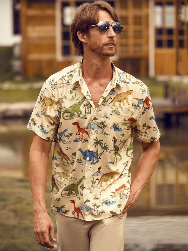 Dinosaur Chest Pocket Short Sleeve Hawaiian Shirt