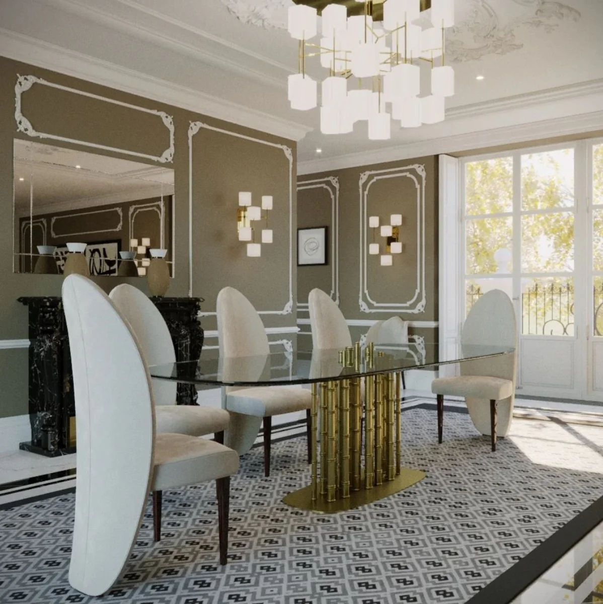 Casa Padrino mesa de comedor de dise?o de lujo de bamb¨² oro 200 x 110 x A. 78 cm - Mesa de comedor hecha a mano con tapa de vidrio ovalada - Muebles de Comedor - Muebles de Hotel - Calidad de Lujo