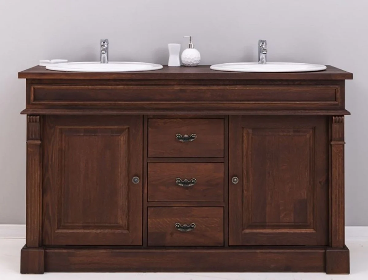 Casa Padrino mesa de lavabo doble estilo campestre con 2 lavabos de cerámica marrón oscuro / blanco 150 x 51 x A. 91 cm - Muebles de baño de madera maciza en estilo campestre