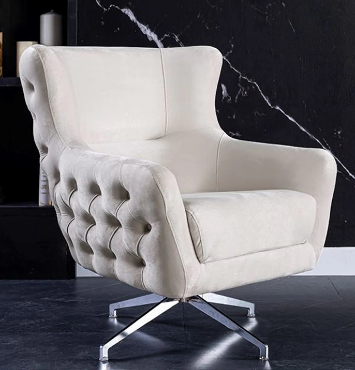 Casa Padrino sill¨®n giratorio Art Deco Chesterfield de lujo crema / plata 90 x 90 x A. 100 cm - Sill¨®n de sal¨®n - Muebles de sal¨®n