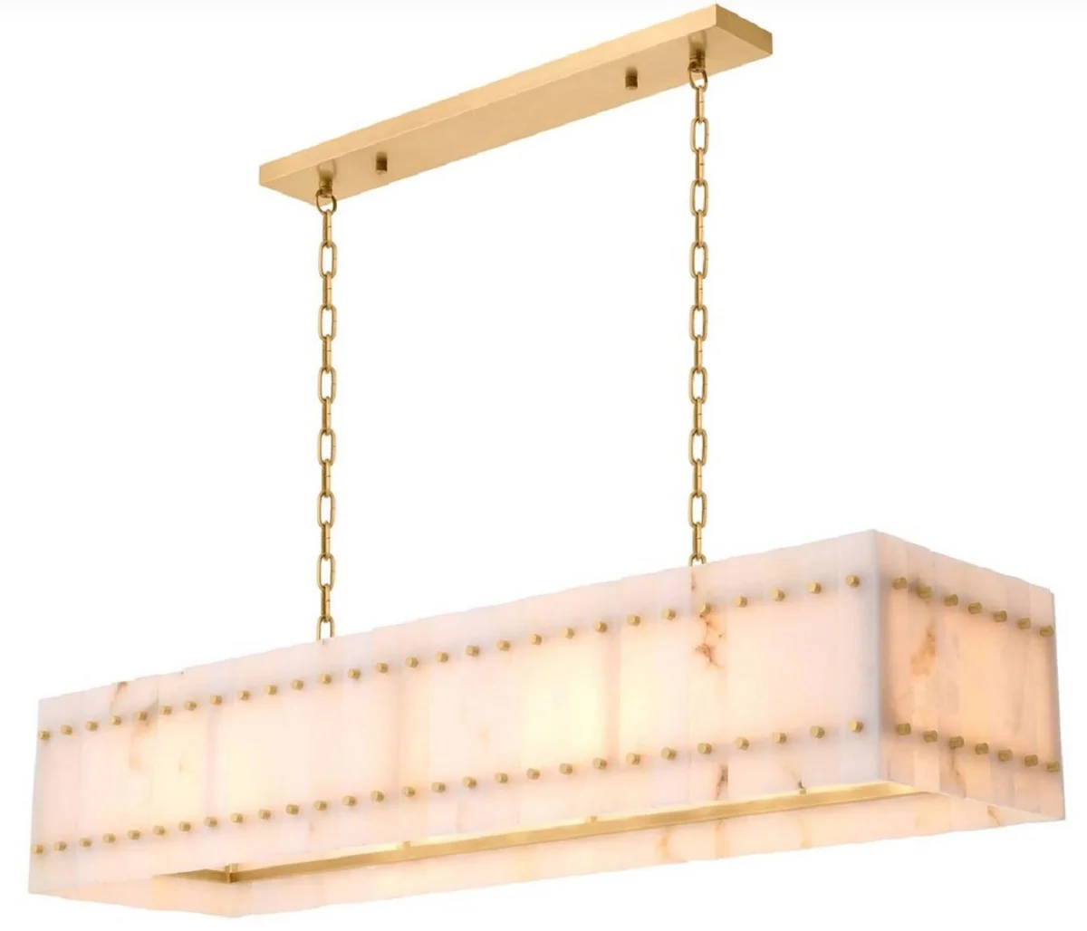 Casa Padrino lámpara de araña de lujo latón antiguo / alabastro 140,5 x 39 x A. 27 cm - Lámpara de araña rectangular de metal con pantalla de alabastro - Calidad de lujo - Muebles de lujo