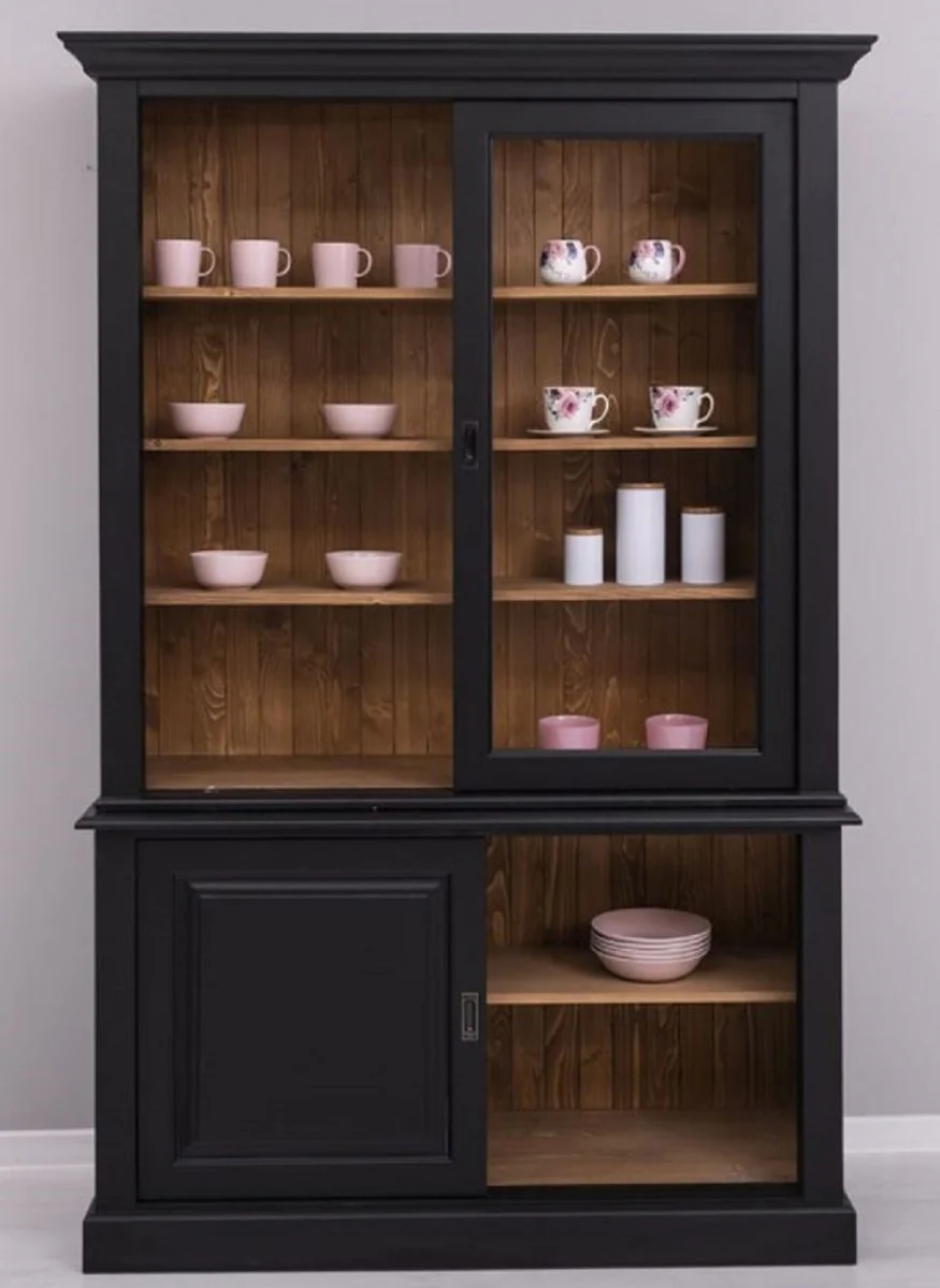 Casa Padrino armario de comedor estilo campestre negro / marr¨®n 141 x 48 x A. 212 cm - Armario de madera maciza con 4 puertas correderas - Mueble de comedor de madera maciza estilo campestre