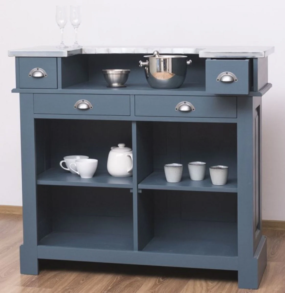 Casa Padrino barra de bar de estilo campestre azul / plata 120 x 65 x A. 107 cm - Barra de bar de madera maciza con sobre de mesa galvanizado - Muebles de bar en estilo campestre