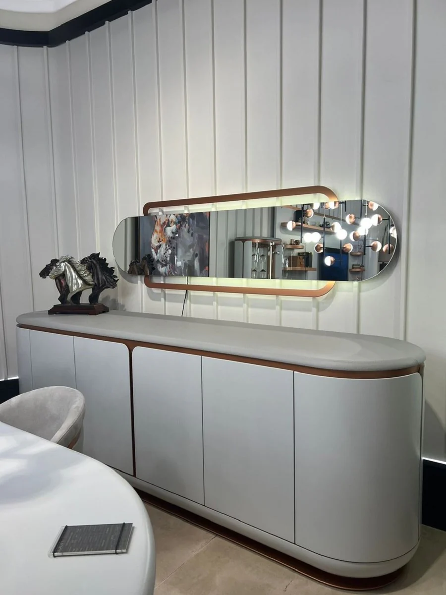 Casa Padrino aparador de lujo blanco / gris / cobre 260 x 60 x A. 90 cm - Armario de madera maciza con 4 puertas - Muebles de comedor - Muebles de lujo - Interiores de lujo