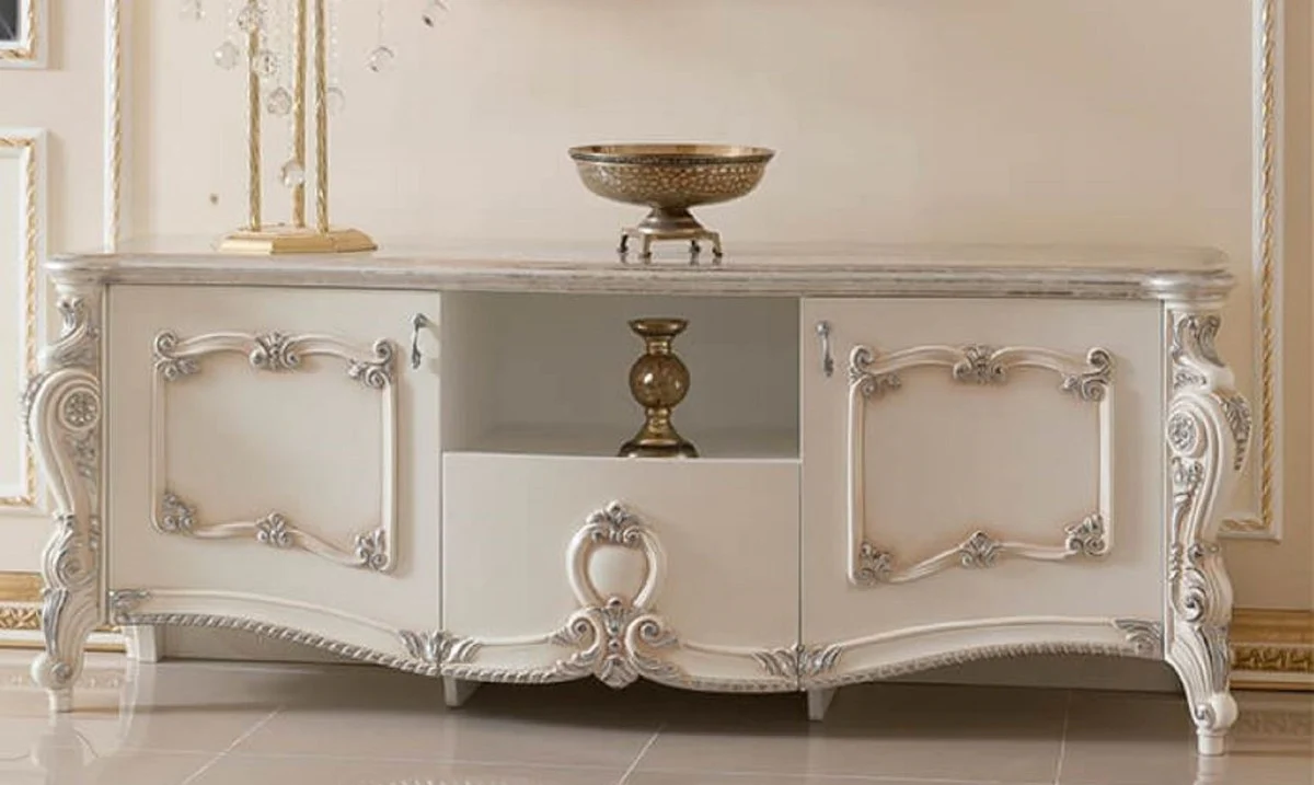 Casa Padrino armario TV barroco de lujo blanco / crema / plata 190 cm