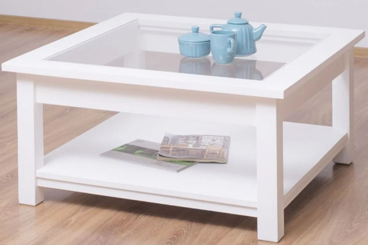Casa Padrino mesa de centro de estilo campestre con sobre de vidrio blanco 90 x 90 x H. 45 cm - Mesa de la Sala de Madera Maciza - Muebles de Sala en Estilo Campestre