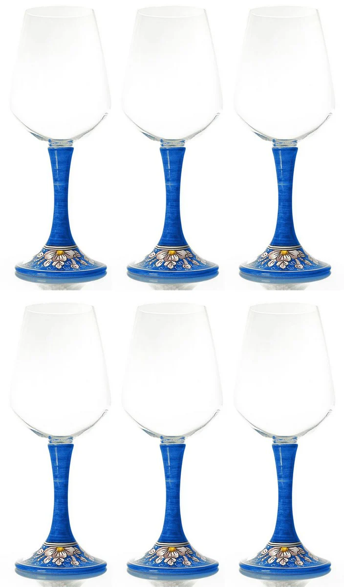 Casa Padrino conjunto de 6 copas de vino de lujo azul / multicolor A. 23,5 cm - Copas de vino hechas y pintadas a mano - Accesorios hoteles y restaurantes - Calidad de lujo - Hecho en Italia