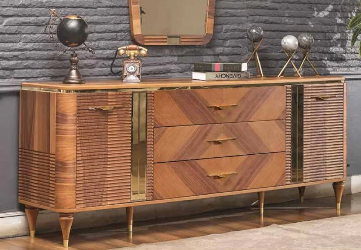 Casa Padrino aparador Art Deco de lujo marr¨®n / oro 200 x 42 x A. 72 cm - Gabinete noble de madera maciza con 2 puertas y 3 cajones - Muebles Art Deco - Muebles de lujo