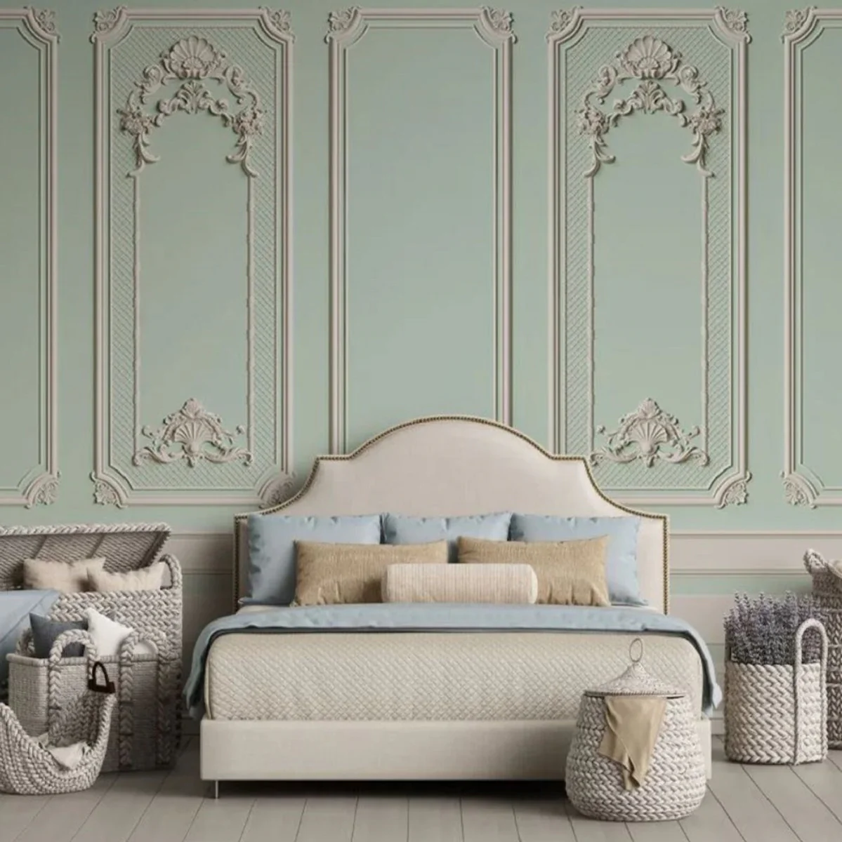 Casa Padrino papel pintado no tejido barroco de lujo verde menta / gris - Papel pintado de salón de estilo barroco con patrón estuco elegante - Decoración de pared estilo barroco