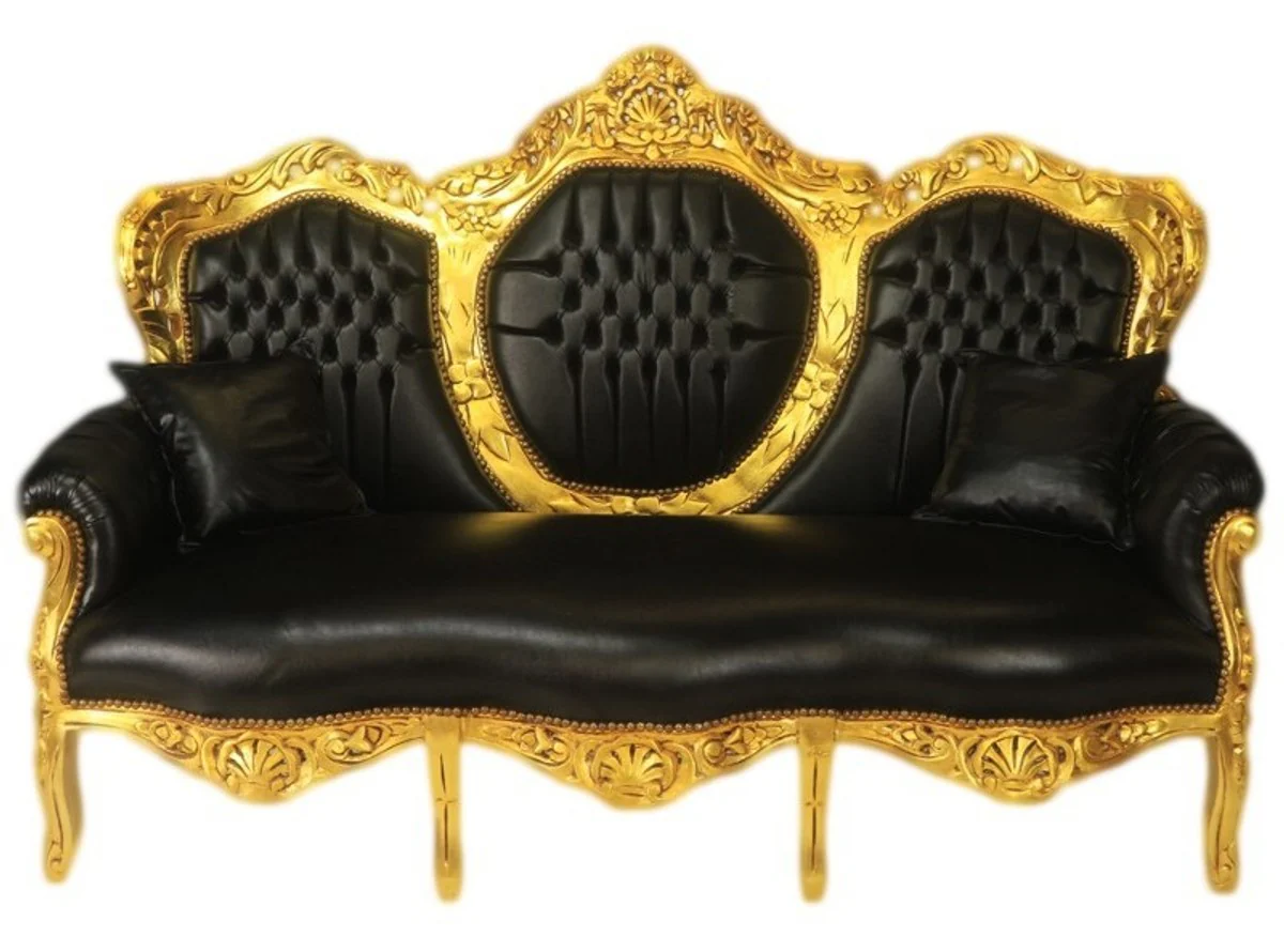 Casa Padrino 3 seater baroque King black leather look / Gold - living room couch furniture Lounge
