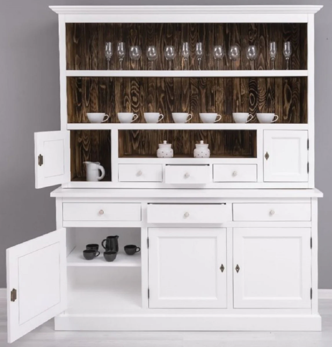 Casa Padrino armario de comedor de estilo campestre blanco / marr¨®n oscuro 179 x 50 x A. 210 cm - Armario de cocina de madera maciza - Muebles de comedor en estilo campestre