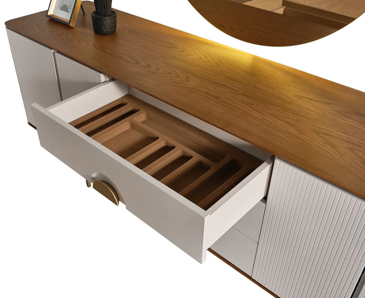 Casa Padrino aparador de lujo gris claro / marrón / latón 220 x 50 x A. 80 cm - Armario de madera maciza con 4 puertas y 3 cajones - Muebles de madera maciza - Muebles de lujo - Interiores de lujo