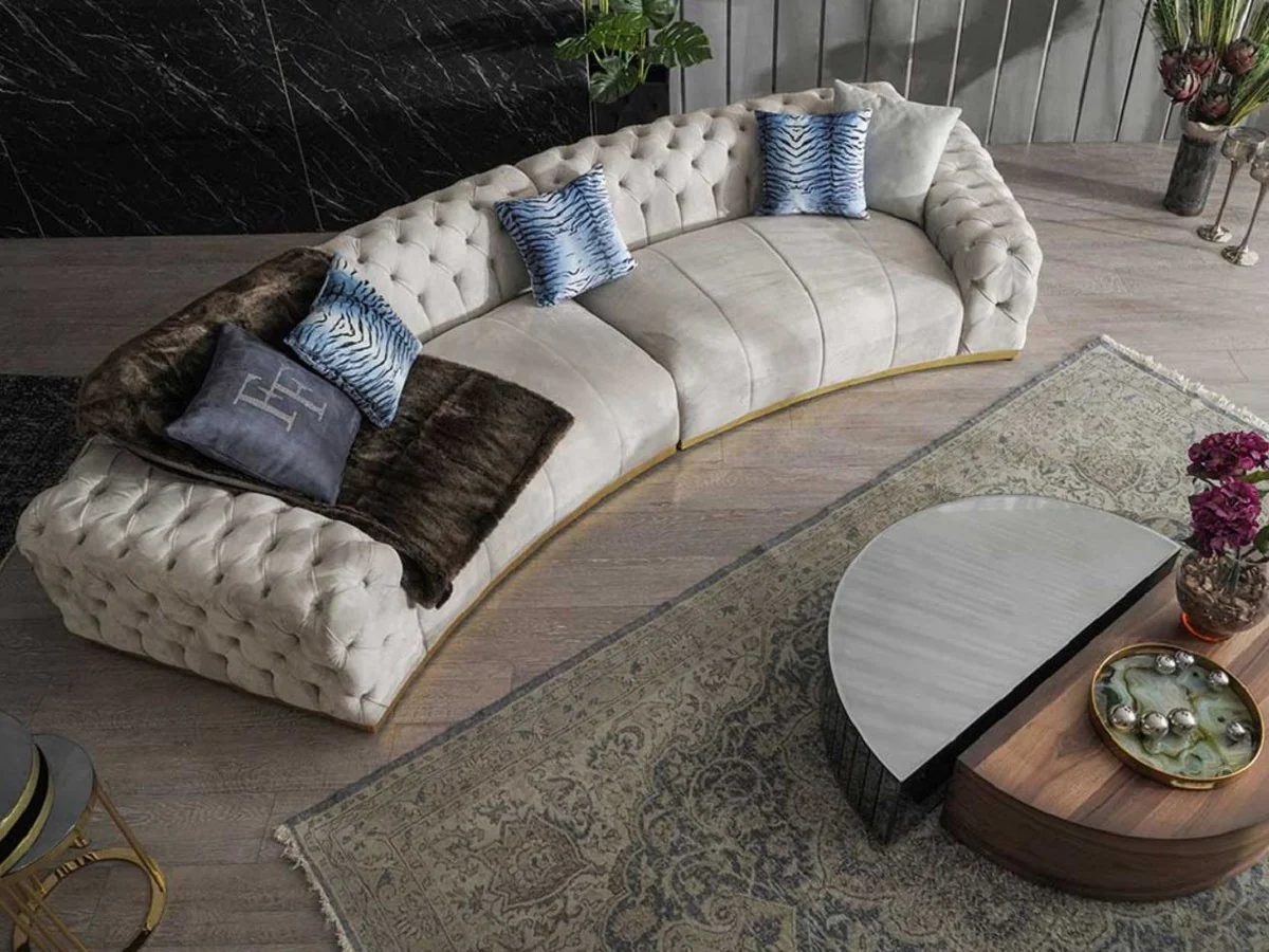 Casa Padrino sof¨¢ Chesterfield de lujo gris / oro 380 x 100 x A. 72 cm - Sof¨¢ de sal¨®n curvo - Muebles de sal¨®n - Muebles Chesterfield - Muebles de lujo - Interior de sal¨®n