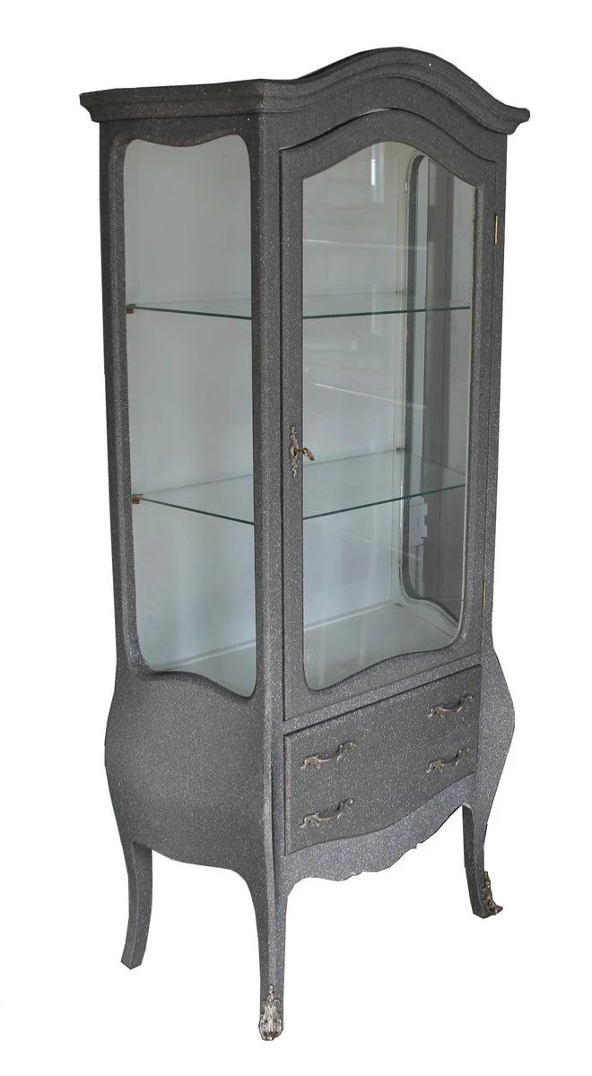 Casa Padrino Baroque display case in grey / silver glitter look - display cabinet - living room cabinet