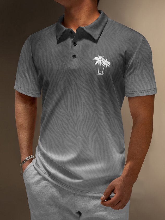 Gradient Coconut Tree Button Short Sleeve Vacation Polo Shirt