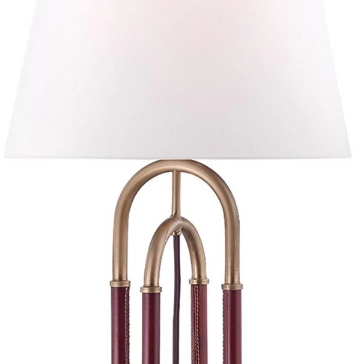 Casa Padrino lámpara de mesa de lujo latón antiguo / marrón / blanco Ø 40,6 x H. 73,7 cm - Lámpara de Metal Noble con Cuero de Alta Calidad y Pantalla de Lino - Calidad de Lujo