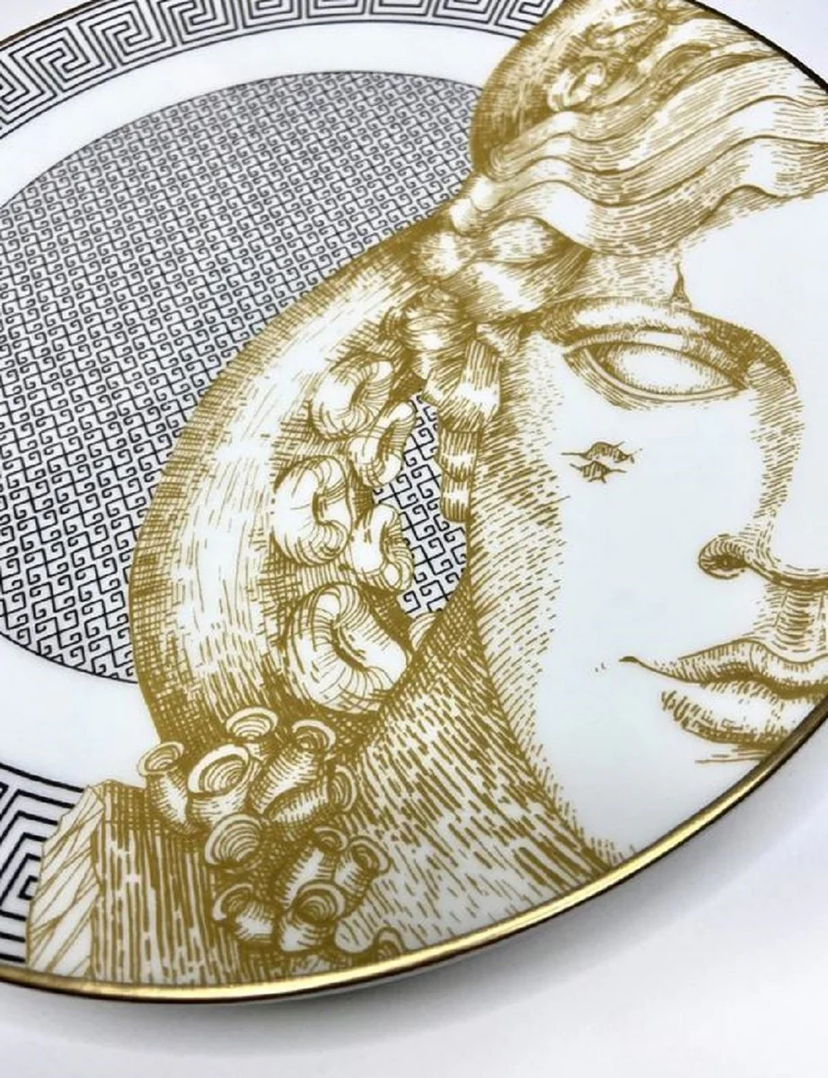 Casa Padrino plato de porcelana de lujo blanco / negro / oro ? 29 cm - Plato llano de porcelana pintado a mano - Accesorios de porcelana de lujo - Calidad de lujo - Hecho en Italia