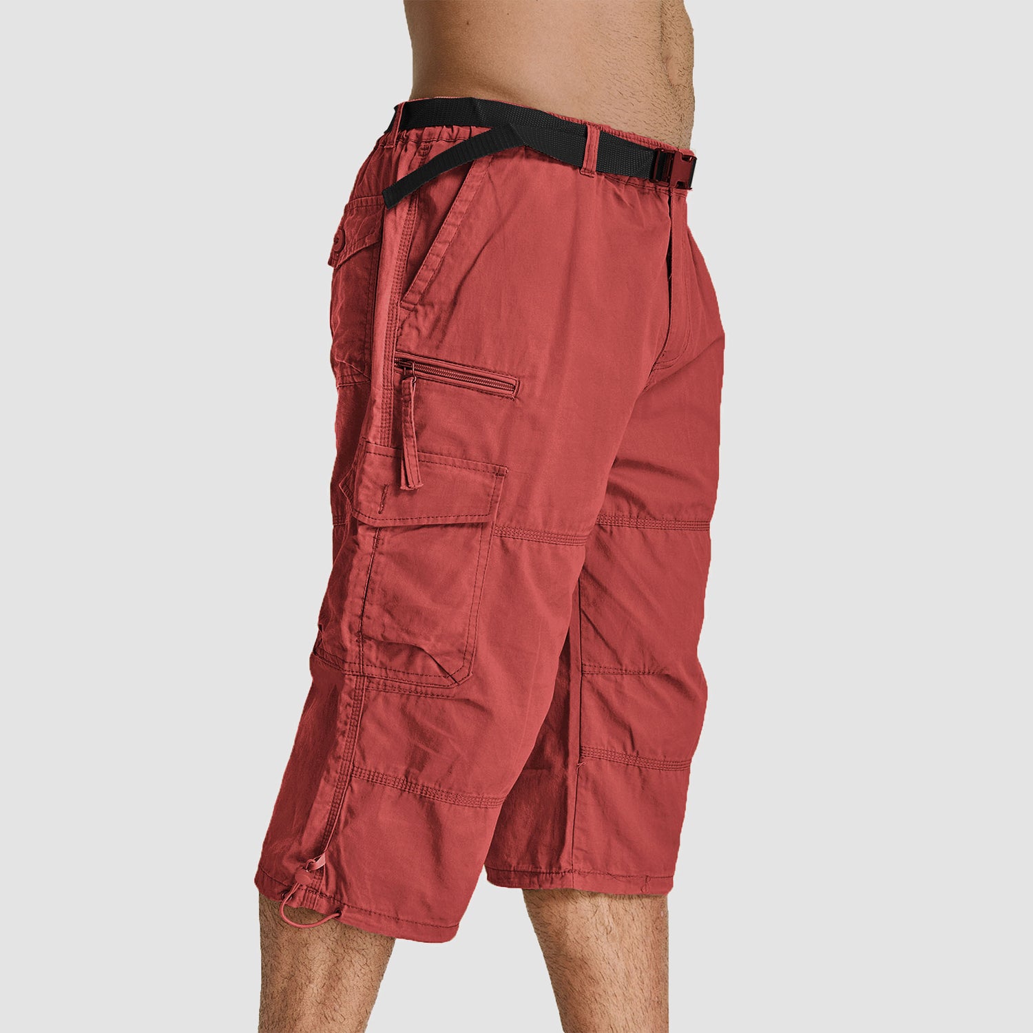 Men Summer Casual 3/4 Long Cargo Shorts Twill Cotton Elastic Waist Multiple Pockets Comfortable Capris Trousers