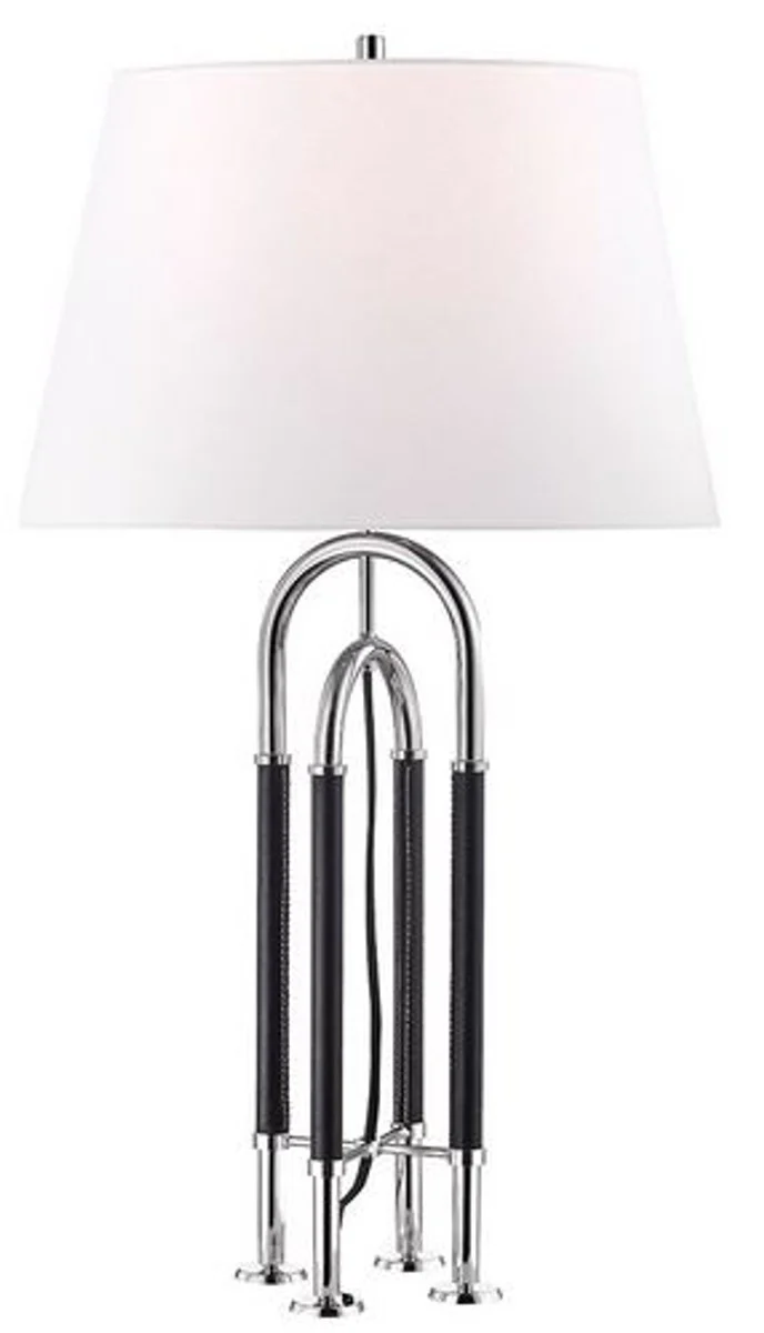 Casa Padrino lámpara de mesa de lujo plata / negro / blanco Ø 40,6 x H. 73,7 cm - Lámpara de Metal Noble con Cuero de Alta Calidad y Pantalla de Lino - Calidad de Lujo