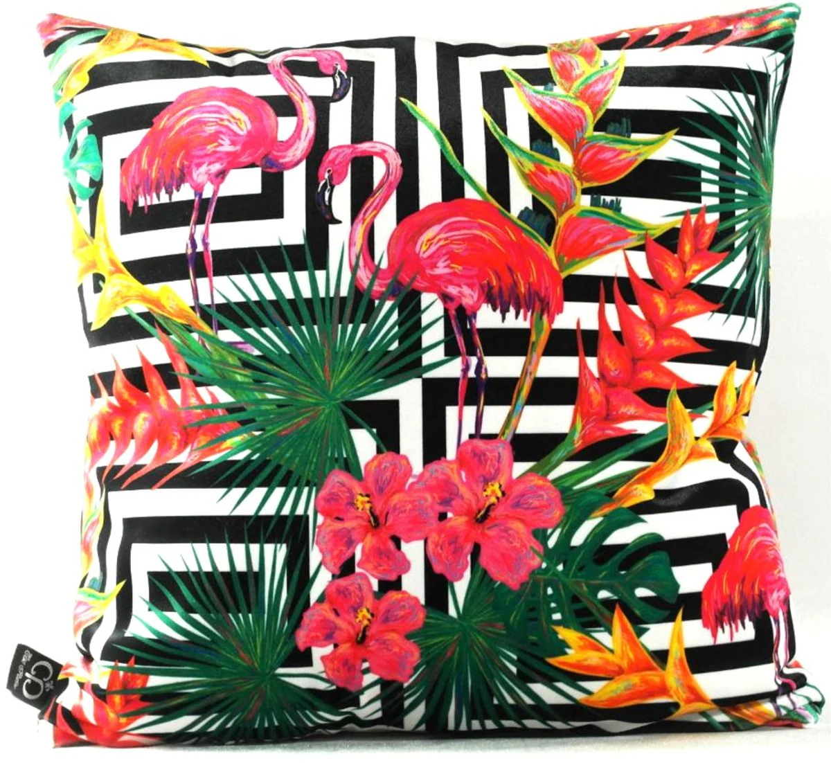 Casa Padrino Almohada de Lujo Miami Flamencos y Flores Multicolor 45 x 45 cm - Tejido de Terciopelo Más Fino - Almohada Decorativo de la Sala