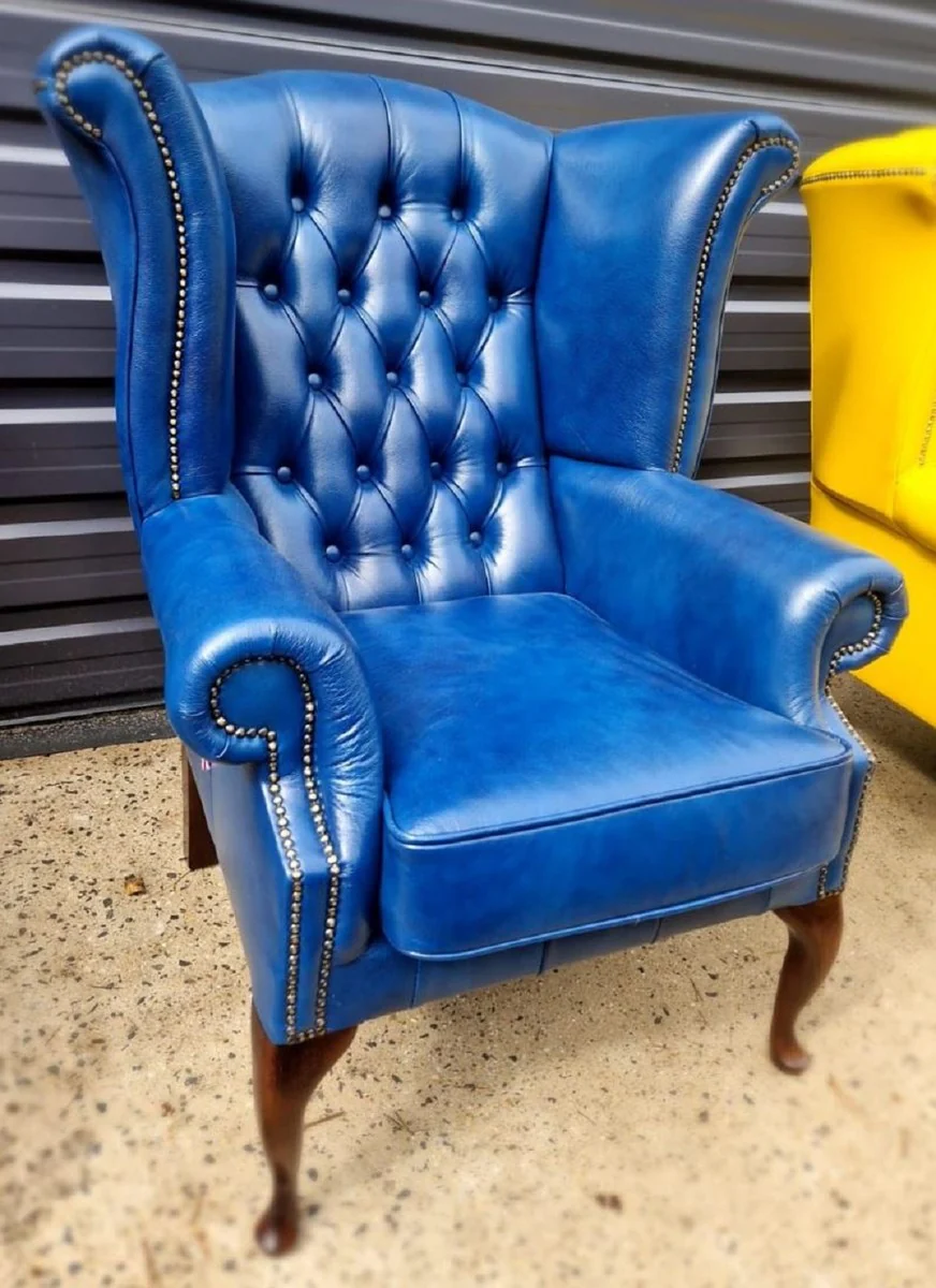 Casa Padrino sill¨®n orejero Chesterfield de lujo azul / marr¨®n oscuro 98 x 90 x A. 110 cm - Sill¨®n de sal¨®n Chesterfield de cuero genuino - Muebles de Sal¨®n Chesterfield de Lujo de Cuero