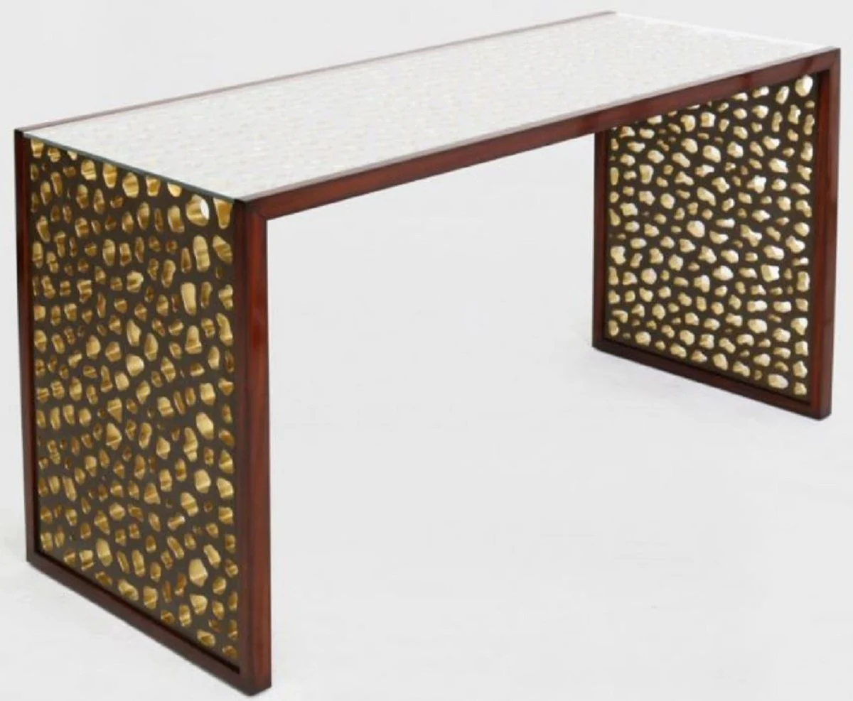 Casa Padrino escritorio de dise?o con tapa de vidrio marr¨®n / bronce / oro 140 x 55 x A. 77 cm - Mesa de Oficina - Mesa de Computadora - Muebles de Oficina de Lujo