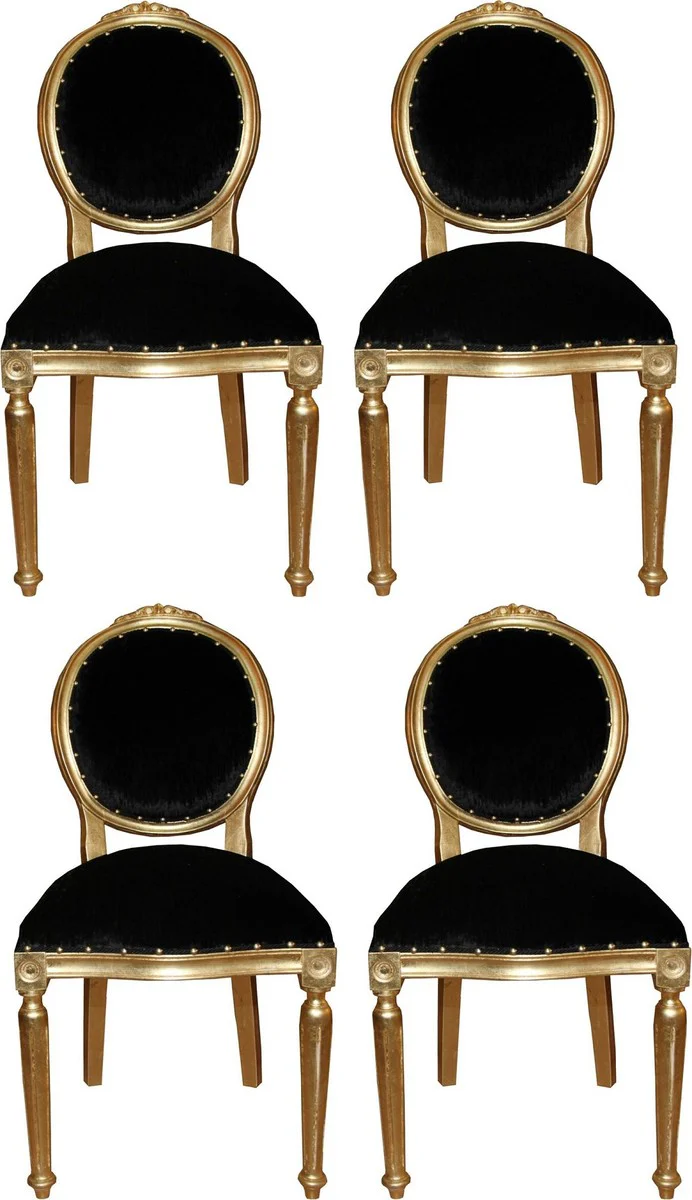 Casa Padrino Conjunto de Sillas de Comedor Barroco de Lujo Medall¨®n Negro / Oro 50 x 52 x H. 99 cm - 4 Sillas de Comedor Hechas a Mano - Muebles de Comedor Barrocos