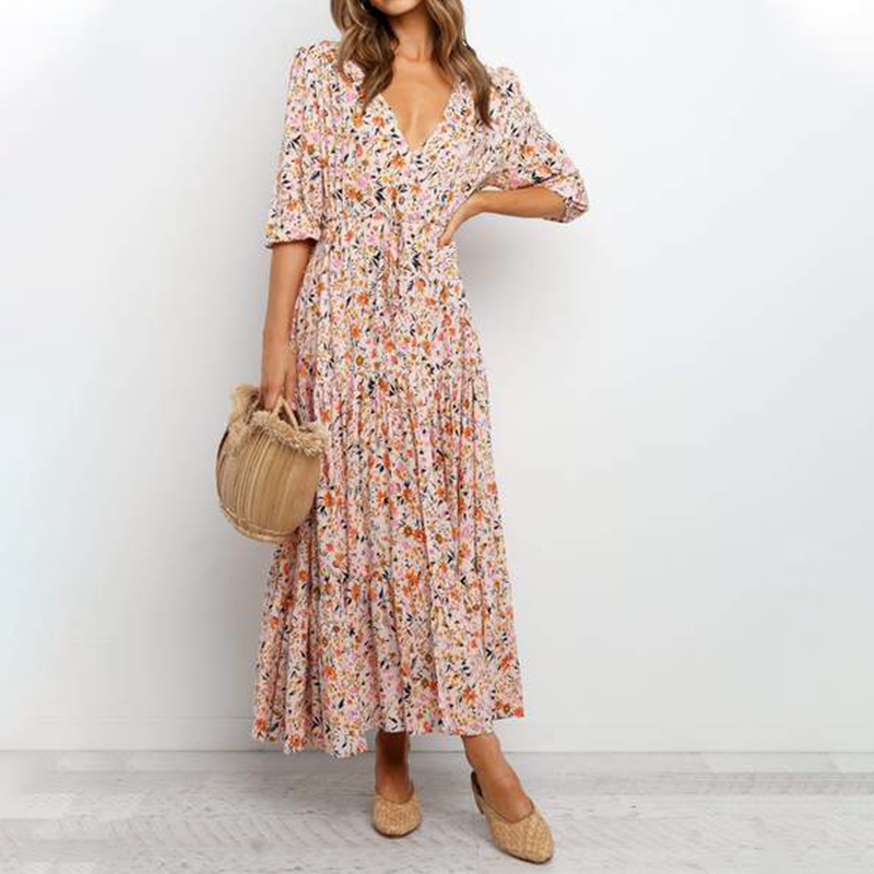 Pleated Floral Print Maxi Dress