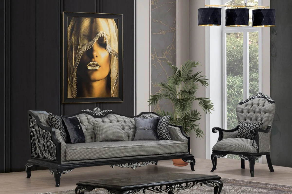 Casa Padrino sof¨¢ barroco de lujo plata / negro - Sof¨¢ de sal¨®n en estilo barroco - Muebles de sal¨®n barrocos - Noble y Magn¨ªfico